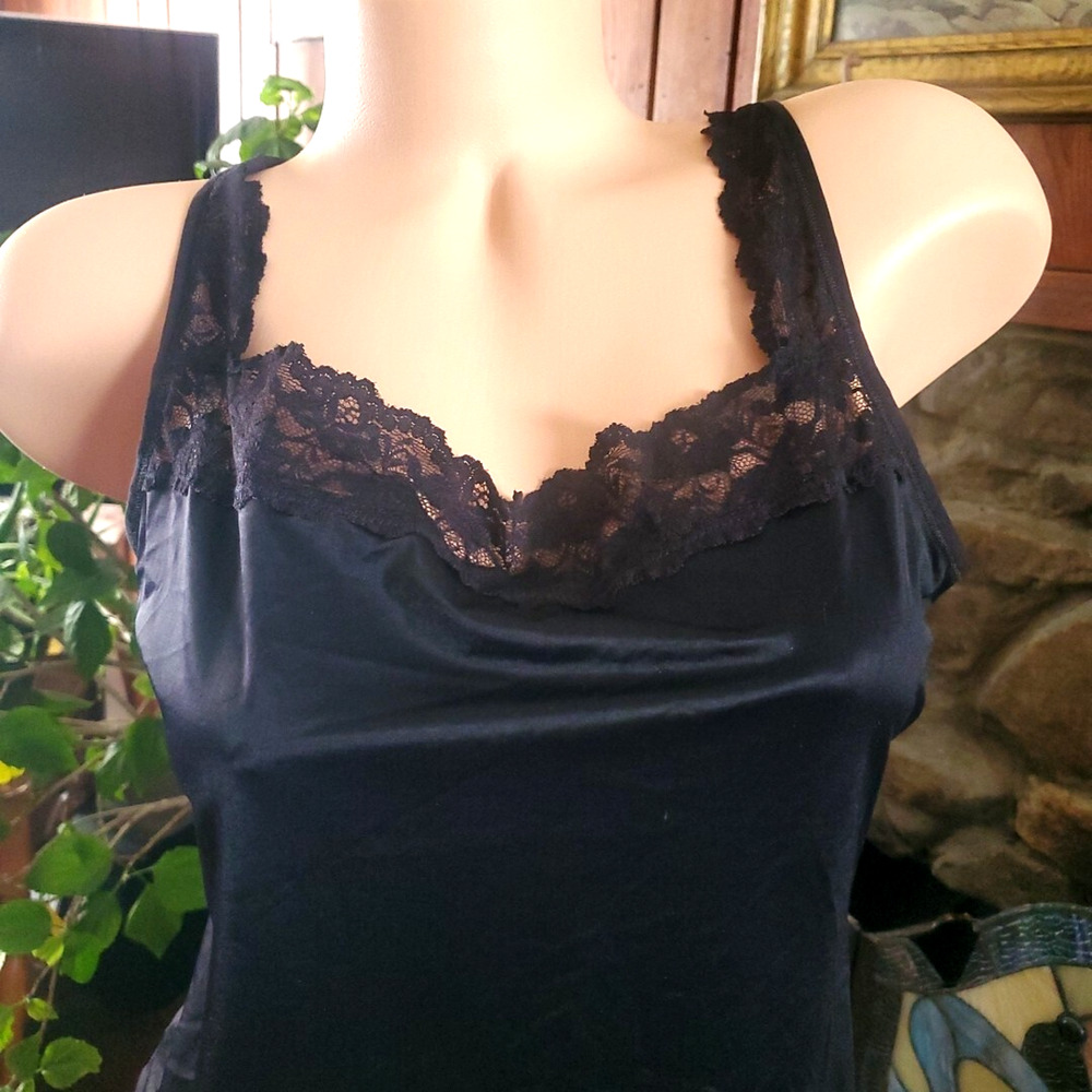 BLACK SATIN CAMISOLE women's small SEXY CAMI TOP Silky Nylon Lace